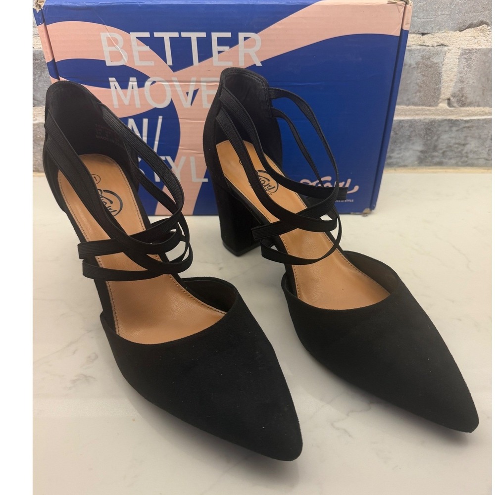 Trary Womens Black Faux Suede Pointed Toe Strappy Block Heel Pumps Size 11